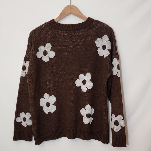 Just Polly brown floral knit crewneck sweater L - Picture 2 of 3